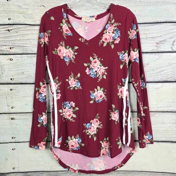 No Comment Womens Floral Long Sleeve Top Maroon M - Picture 1 of 8